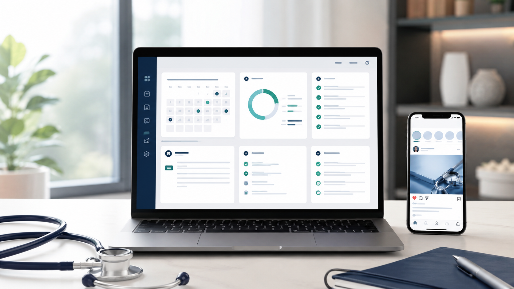 Notebook mostrando painel da plataforma ImpulsaFlow Jurídico e celular com rede social