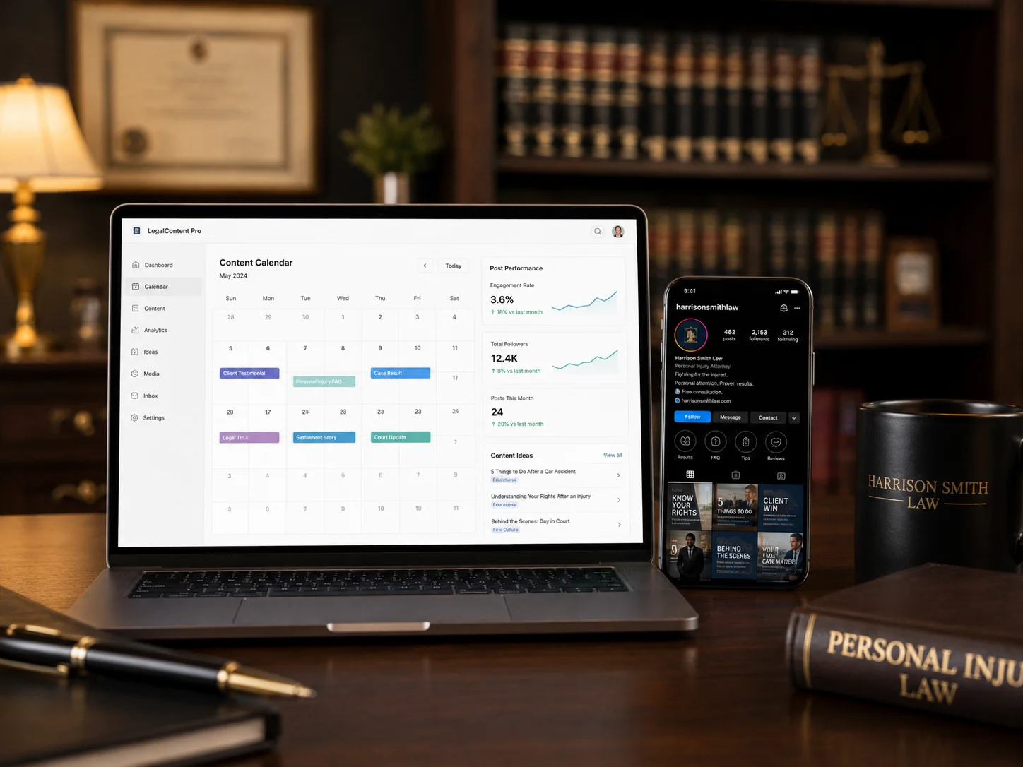 Notebook mostrando painel da plataforma ImpulsaFlow Jurídico e celular com rede social